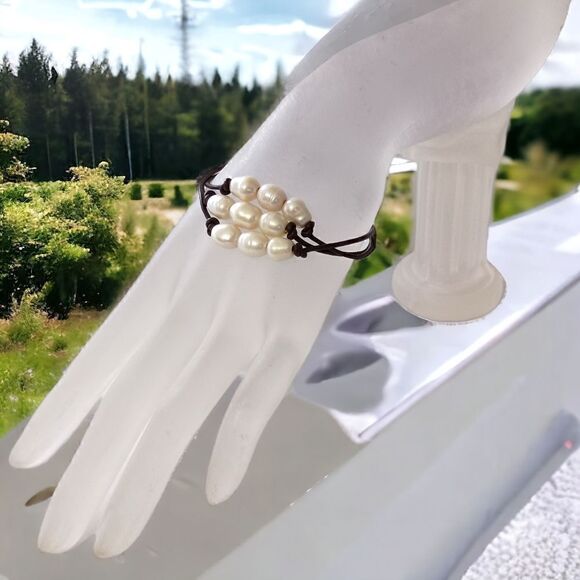 Fresh Water Pearl Bracelet Corded Brown Multi Strand Coastal Beach Adjustable. - Picture 7 of 16